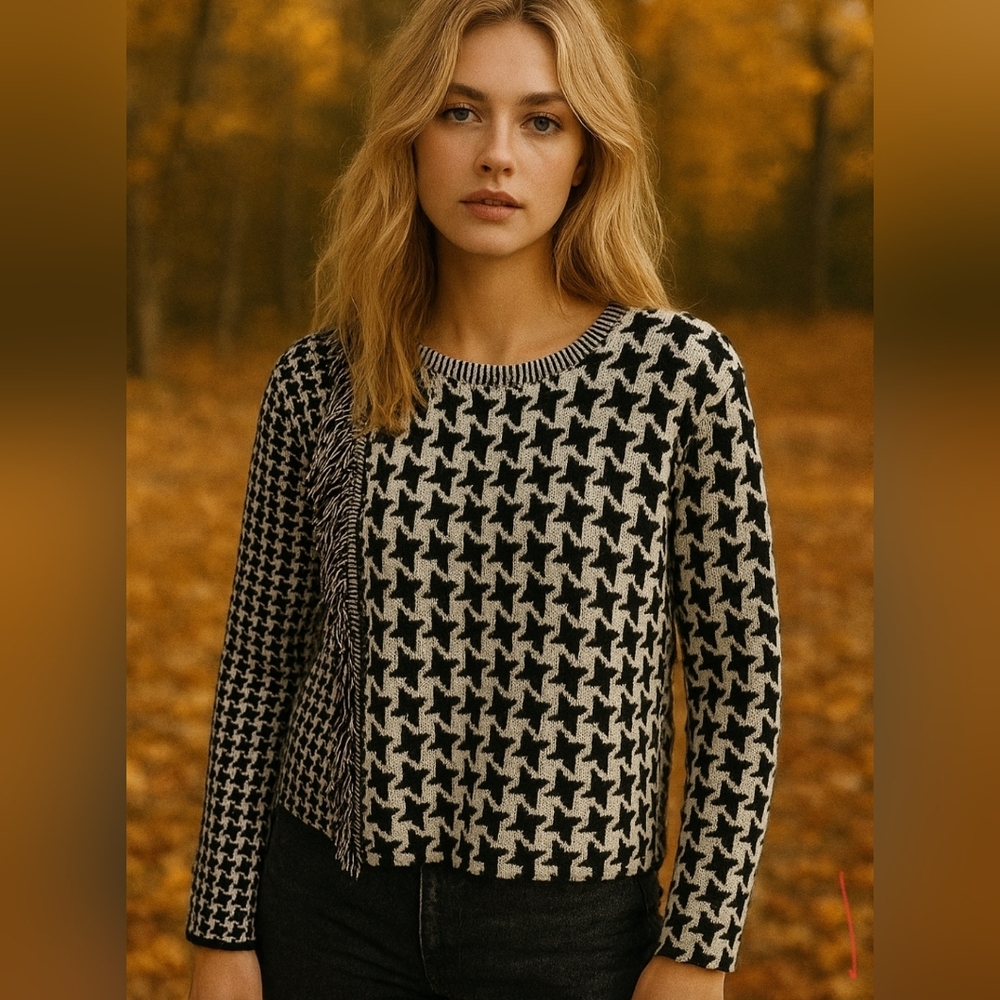 FARM Rio Black and Cream Patterned Crewneck Sweater